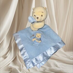 Winnie The Pooh Blue Lovey Security Blanket Baby Nursery Plush Bee Rattle Satin